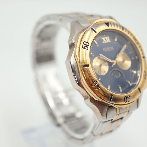 Vintage GUESS Moon Phase Men Watch 38mm Blue Dial Day Date 1995 w New Battery - Picture 10 of 15